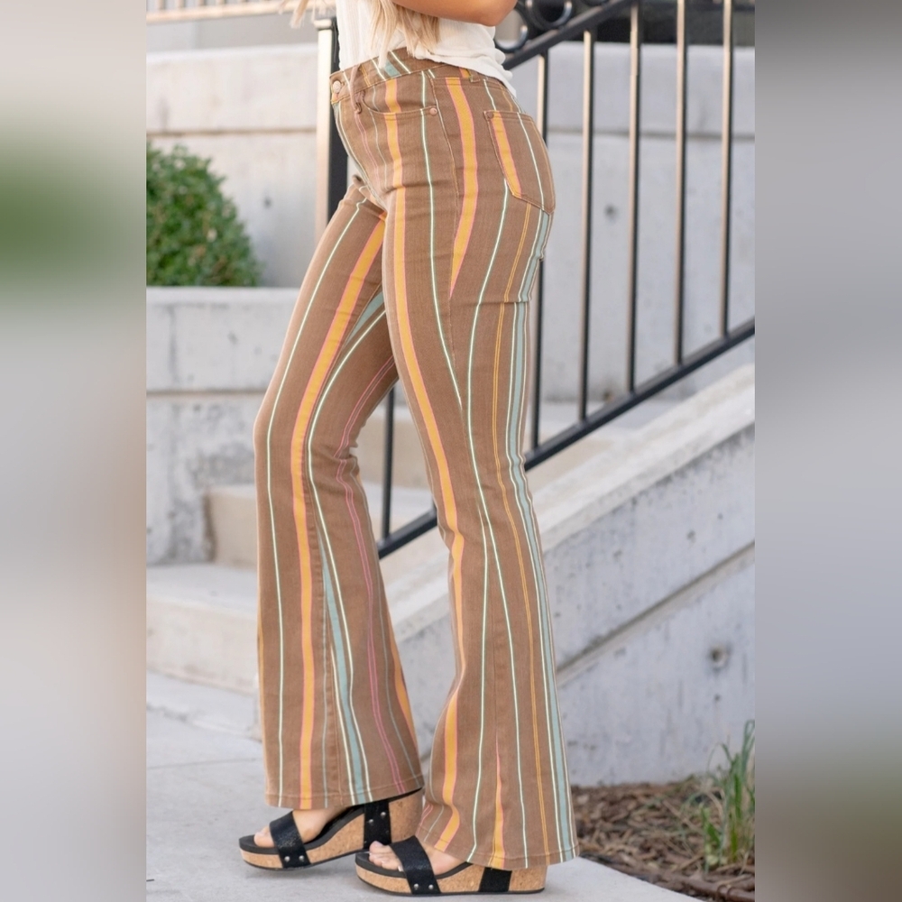 Judy Blue Mid Rise Classic Flare Jeans Retro Tan Blue Striped Stretch 1/25 - Picture 6 of 12